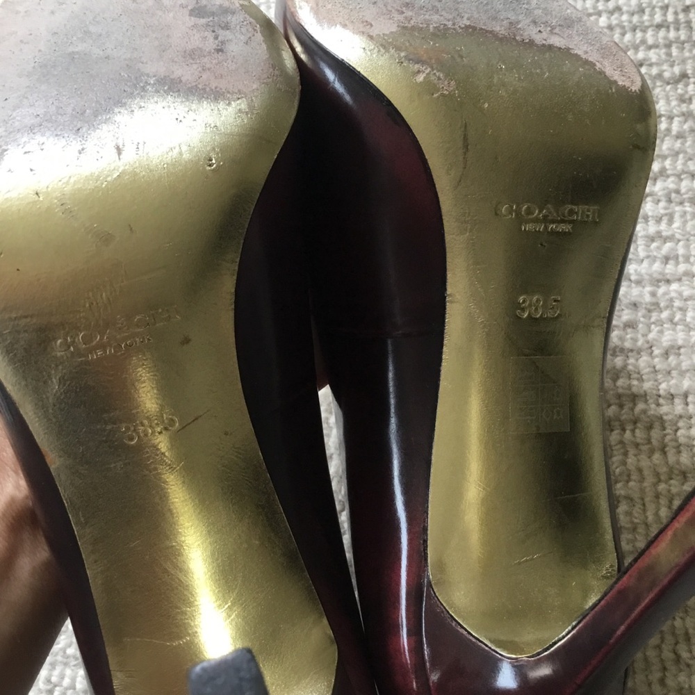 Coach Burgundy Patent Pointed-Toe Pumps with Gold Toe Plate - Picture 12 of 13